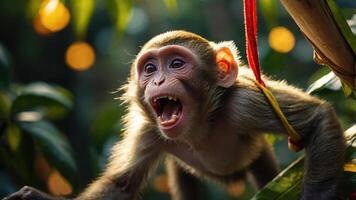 A monkey hanging from a branch, expressing excitement in a lush, vibrant environment. photo