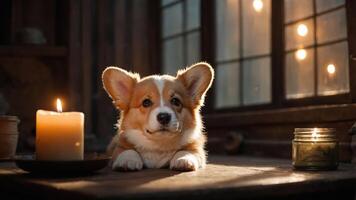 A corgi resting on a table beside a candle, illuminated by warm light through a window. photo