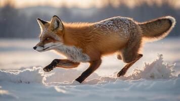 A red fox gracefully running through a snowy landscape during winter. photo