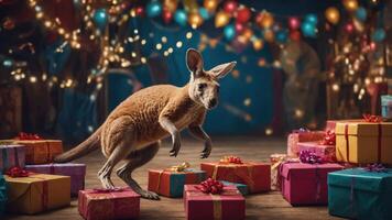 A kangaroo stands among colorful gift boxes in a festive, illuminated setting. photo