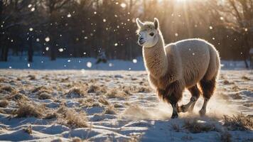 A llama trotting through a snowy field with sunlight filtering through trees. photo