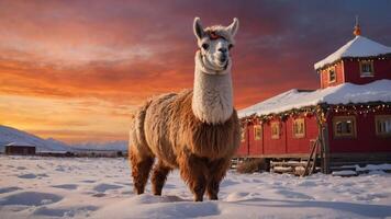 A llama stands in snow with a colorful building at sunset in the background. photo