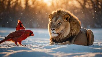 A lion rests in the snow while red cardinals forage nearby, creating a serene winter scene. photo