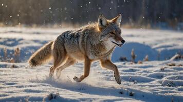 A coyote running through a snowy landscape, showcasing wildlife in a natural setting. photo