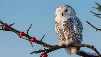 A snowy owl perched on a branch with red ornaments against a clear blue sky. photo
