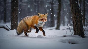 A fox gracefully running through a snowy forest, capturing the beauty of winter wildlife. photo