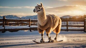 A llama skating on snow with a scenic mountain backdrop at sunset. photo