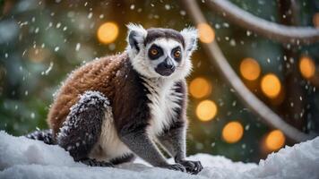A lemur sits in the snow with festive lights in the background. photo
