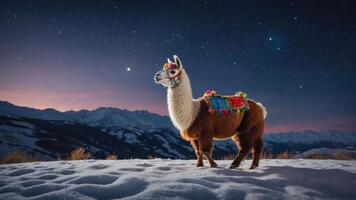 A llama stands in the snow with mountains in the background during twilight. photo