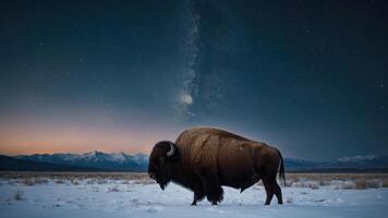 A bison stands in a snowy landscape under a starry sky with mountains in the background. photo
