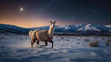 A llama running through snowy terrain under a starry sky at dusk. photo