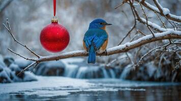 A bluebird perched on a snowy branch with a red ornament, set against a serene winter backdrop. photo