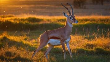 A graceful antelope stands in a sunlit field, showcasing its natural beauty in the wild. photo