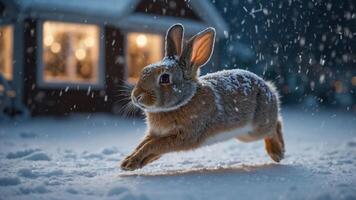 A rabbit leaps through the snow, creating a serene winter scene with a cozy house in the background. photo