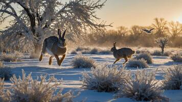 Two hares leap through a snowy landscape, surrounded by frosty vegetation and a clear sky. photo