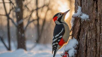 A woodpecker perched on a snow-covered tree, illuminated by soft sunlight in a winter setting. photo
