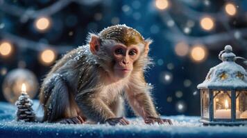 A monkey sits in a snowy scene, surrounded by festive lights and a lantern. photo