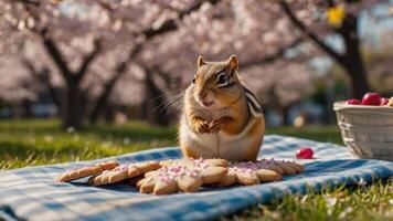 A chipmunk enjoys cookies on a picnic blanket under cherry blossom trees. photo