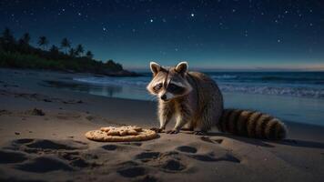 A raccoon on the beach curiously approaches a cookie under a starry night sky. photo