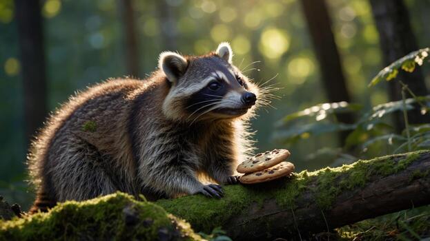 A raccoon curiously approaches a stack of cookies on a mossy log in a forest setting. photo