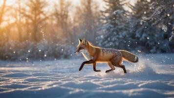 A fox running through a snowy landscape during sunset, creating a serene winter scene. photo