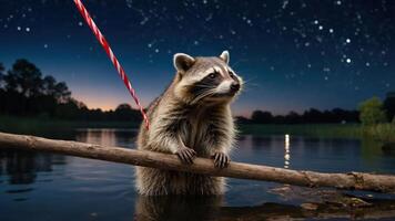 A raccoon perched on a log in a serene lake, under a starry night sky. photo
