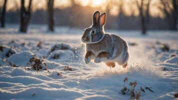 A rabbit leaps through the snow, capturing a serene winter moment in nature. photo