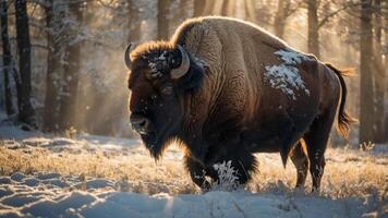 A majestic bison stands in a snowy landscape, illuminated by soft sunlight through trees. photo