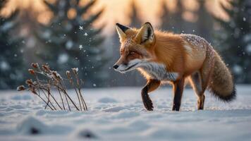 A red fox walks through a snowy landscape with softly falling snowflakes in the background. photo