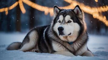 A majestic dog resting in the snow, surrounded by soft lights and falling snowflakes. photo