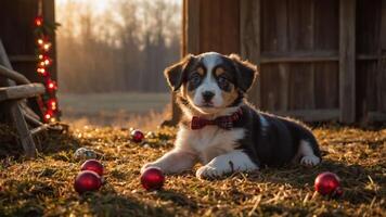 A playful puppy surrounded by festive ornaments in a serene outdoor setting at sunset. photo