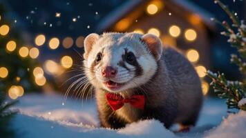 A cheerful ferret wearing a bow tie in a snowy, festive setting with twinkling lights. photo