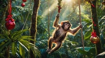 A playful monkey swings in a lush jungle, adorned with festive ornaments. photo