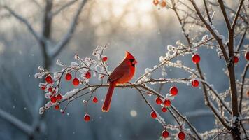 A vibrant cardinal perched on a frosty branch with red berries in a winter landscape. photo