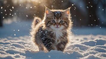 A fluffy kitten playing in the snow, surrounded by falling snowflakes in a winter landscape. photo