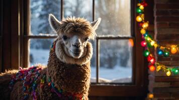 A festive llama adorned with colorful lights in a cozy winter setting by a window. photo