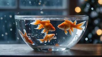 A bowl containing several goldfish swimming in clear water, with a festive background. photo