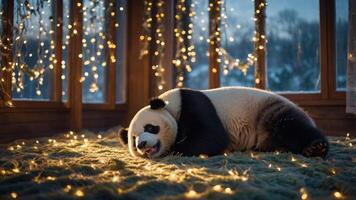 A panda resting among twinkling lights in a cozy indoor setting. photo