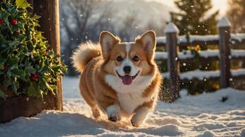 A cheerful corgi running through snow with a festive background. photo