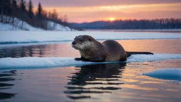 An otter resting on ice in a serene winter landscape at sunset. photo