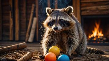 A raccoon playing with colorful balls near a cozy fire in a rustic setting. photo