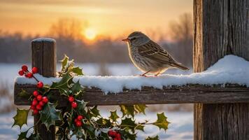 A serene winter scene featuring a bird on a snow-covered railing with holly decorations. photo