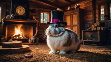 A rabbit wearing a top hat in a cozy wooden cabin setting by a fireplace. photo