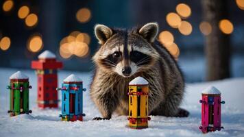 A raccoon in the snow surrounded by colorful toy structures and twinkling lights. photo