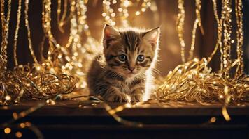 un juguetón gatito rodeado por espumoso dorado decoraciones, evocando un festivo atmósfera. foto