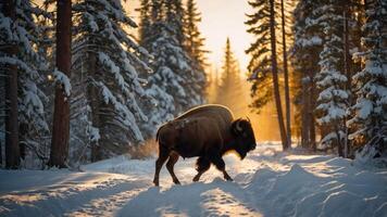A bison walking through a snowy forest at sunset, surrounded by tall trees and soft light. photo