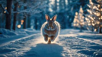 A rabbit joyfully hops through a snowy forest, capturing a serene winter moment. photo