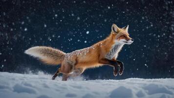 A red fox gracefully runs through a snowy landscape during a snowfall. photo