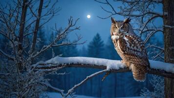 A majestic owl perched on a snow-covered branch under a full moon in a tranquil forest. photo