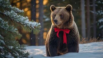 A bear adorned with a red bow stands in a snowy forest, creating a festive atmosphere. photo